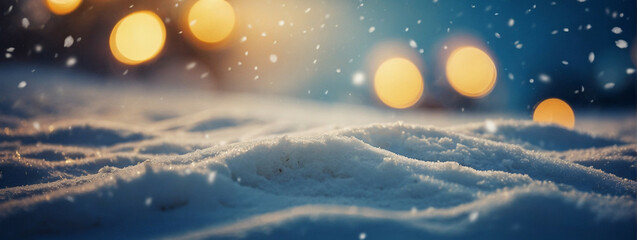 Blurry Snow Covered Ground With Background Lights - obrazy, fototapety, plakaty