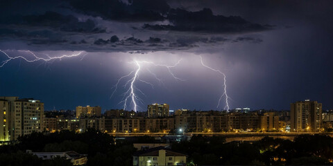 Naklejka na ściany i meble Lightning Storm Over City at Night