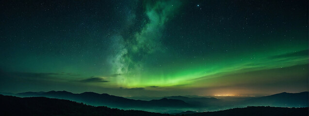 Fototapeta na wymiar Green Aurora Over Mountain Range