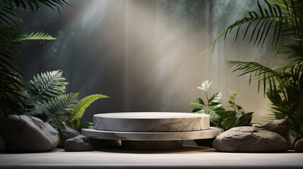Models of stones and plants forming product podium, cosmetic display, 3d rendering