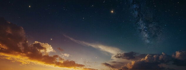 Twilight Sky Illuminated by a Mystical Golden Gradient and Shining Stars