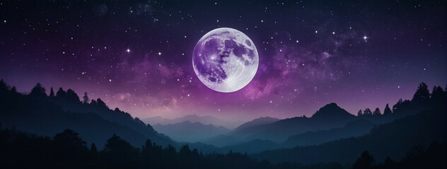 Full Moon Shining Over Mountain Range - obrazy, fototapety, plakaty