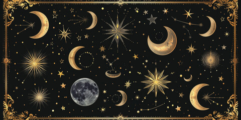 Mystic celestial golden frame set with different stars, 