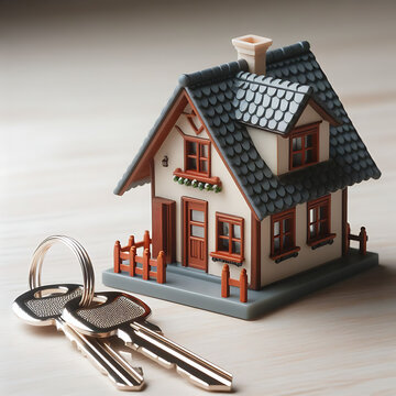 A miniature model of a cozy tiny house with a set of silver keys placed beside it ,A miniature model of a cozy tiny house with a set of silver keys placed beside it, symbolizing the concept of purchas