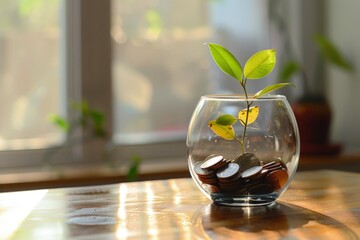 Glass cup with coins and a small plant on a wooden table, concept of financial growth, economy.