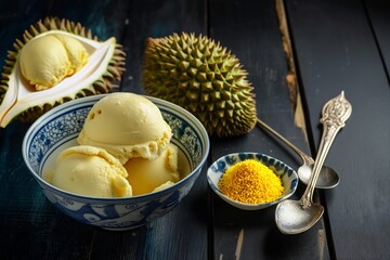 Durian ice cream in a patterned bowl, rustic spoon aside, with whole durian fruit in background