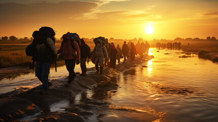Migrants crossing the border on foot