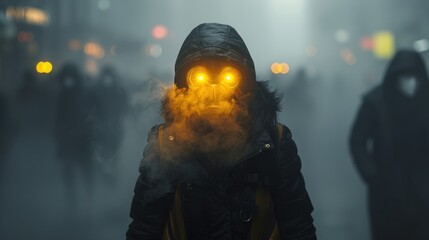 people in smoke in gas masks - 755668344
