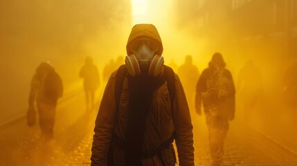people in smoke in gas masks - 755668351