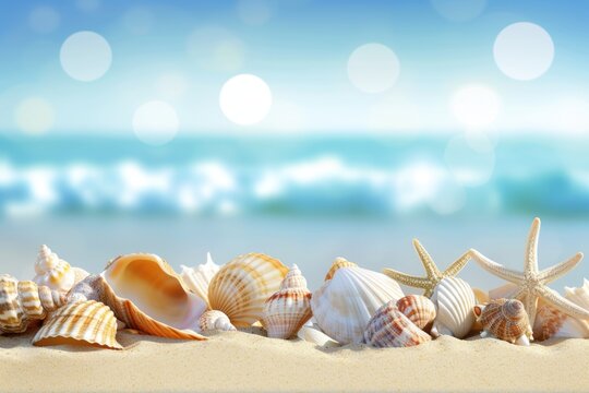 Seashells and starfish on a sandy beach