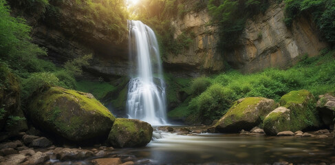 Waterfall in Lush Green Forest