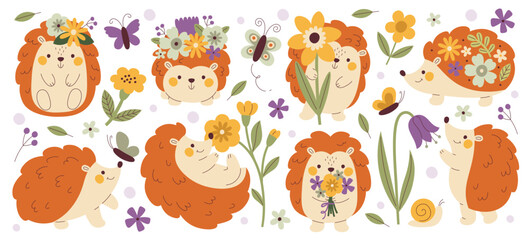 Naklejka premium Cute hedgehogs characters carrying spring wild flowers on back, in hand, on head vector illustration