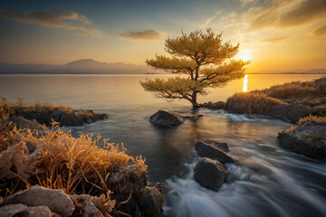 Lone Tree on Rocky Shore at Sunset