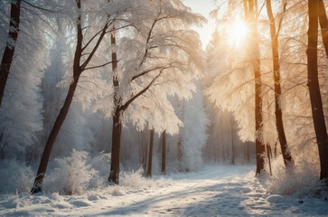 Sun Shining Through Snowy Forest Trees