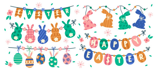Hand drawn Easter eggs, bunnies and text letters decorative hanging garlands set vector illustration