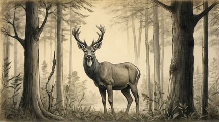 Deer Standing in Forest Drawing