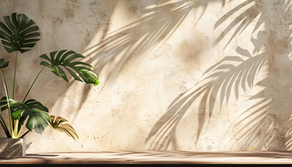 Empty natural wall texture mockup in shadows of palm leaves, exotic plants
