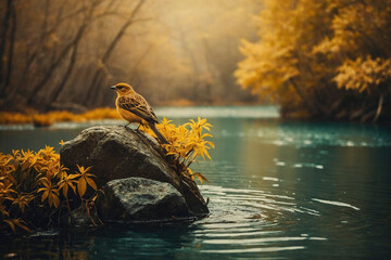 Bird Perched on Rock in Water - obrazy, fototapety, plakaty