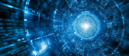 Fototapeta premium Cyber Travel - Futuristic Blue Data Stream Tunnel Illuminated by a Bright Digital Core