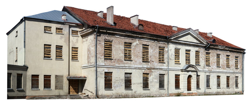 Old abandoned building with red tiles roof isolated