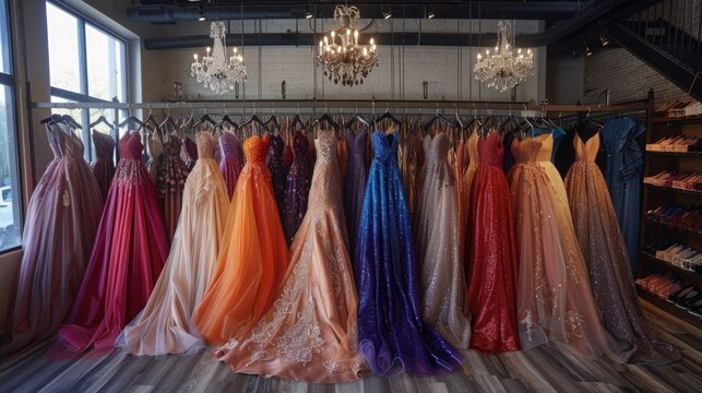 A sophisticated dress rental boutique offering a curated selection of elegant formal attire, including colorful wedding dresses, evening gowns, and prom dresses.