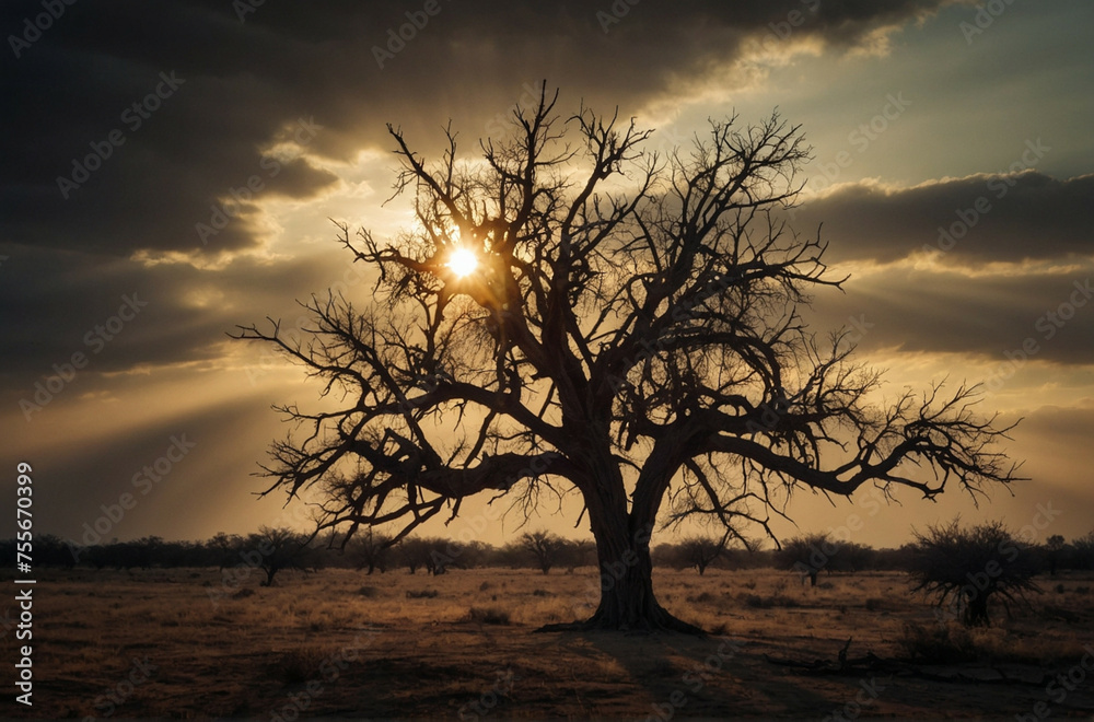 Wall mural sunlight streaming through clouds onto tree in field