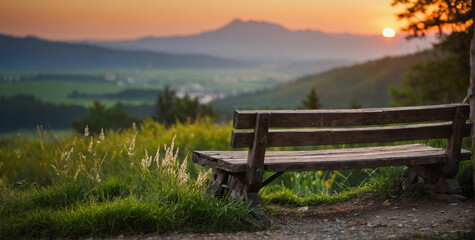 Fototapeta premium Wooden Bench on Lush Green Hillside