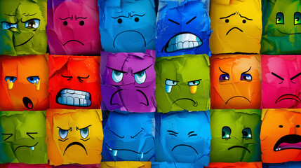 Rainbow colored squares, stickers that depict faces with different negative  emotions