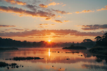 Fototapeta premium The Sun Sets Over a Body of Water