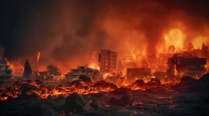 Natural disaster. Lava fire in city populated area after a volcanic eruption.