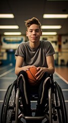 A disabled teenage boy in a wheelchair trains with a ball in the gym. Sports, health concepts.
