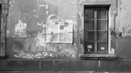  A black and white photo of a wall with newspaper.