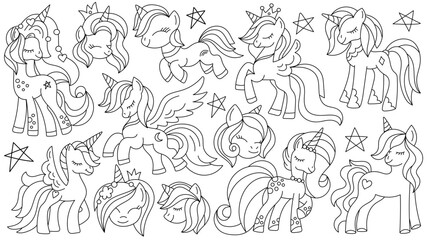 Magic unicorn cute fantastic animal characters coloring outline graphic set vector illustration