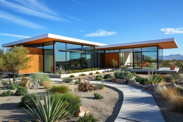 Fototapeta na wymiar Facade of modern house in the desert, architecture concept.