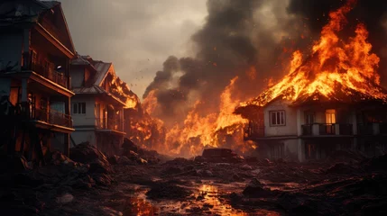 Foto op Canvas Natural disaster. Lava fire in city populated area after a volcanic eruption. © brillianata