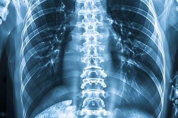 High-Resolution Blue Tone X-Ray Image of Adult Male Spine in Radiology View, Emphasizing Detailed Anatomy