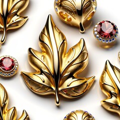 Gold leaves with precious stones on a white background.