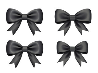 Set of black satin ribbon and bow isolated on transparent background, transparency image, removed background