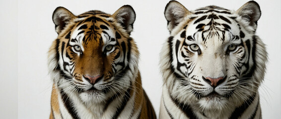 Fototapeta premium Side-By-Side Portrait of a Bengal Tiger and a White Tiger Against a White Background