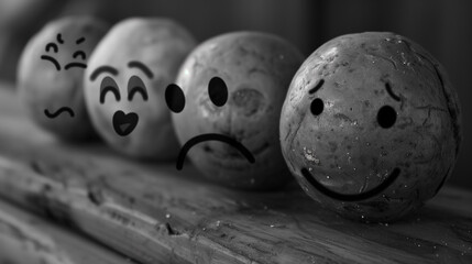 Colorless picture. Round balls representing different emotions. Psychological concept. Group of emotional balls