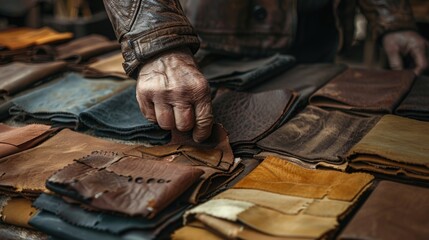 A tailor's hand running through luxurious leather materials in rich shades of chocolate brown, tan, and black, selecting the finest pieces for high-end, custom-made leather goods - obrazy, fototapety, plakaty