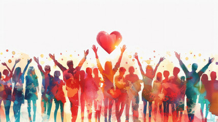 Watercolor illustration of a large group of people raising their hands up towards a big heart. Charitable assistance and volunteer activities. Support and assistance, Multicultural community