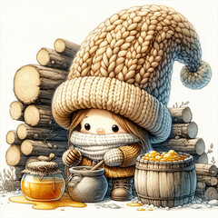 An illustration of a cute gnome wearing a large knitted hat covering its face, holding a pot of honey, and standing next to stacks of wood, rendered in watercolor style.