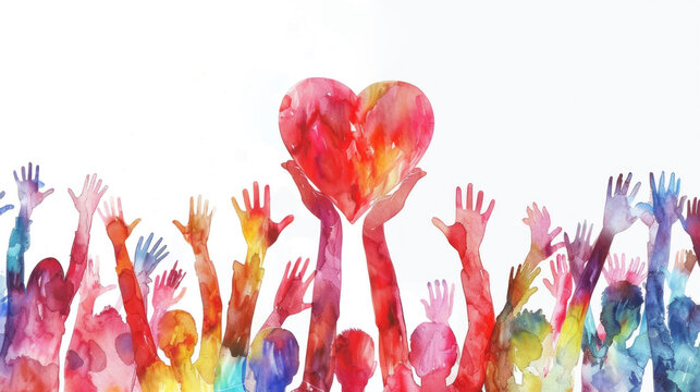 Watercolor illustration of a large group of people raising their hands up towards a big heart. Charitable assistance and volunteer activities. Support and assistance, Multicultural community