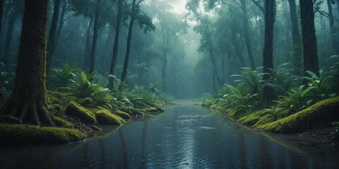 Obraz premium Stream Flowing Through Lush Green Forest