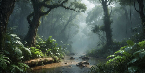 Stream Flowing Through Dense Green Forest