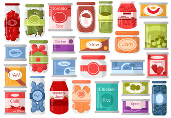 Canned food set with different jars and containers filled sweet jam, meat, tuna, sauce conserve