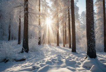 Sunlight Filters Through Snowy Forest Trees