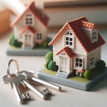 A miniature model of a cozy tiny house with a set of silver keys placed beside it ,A miniature model of a cozy tiny house with a set of silver keys placed beside it, symbolizing the concept of purchas