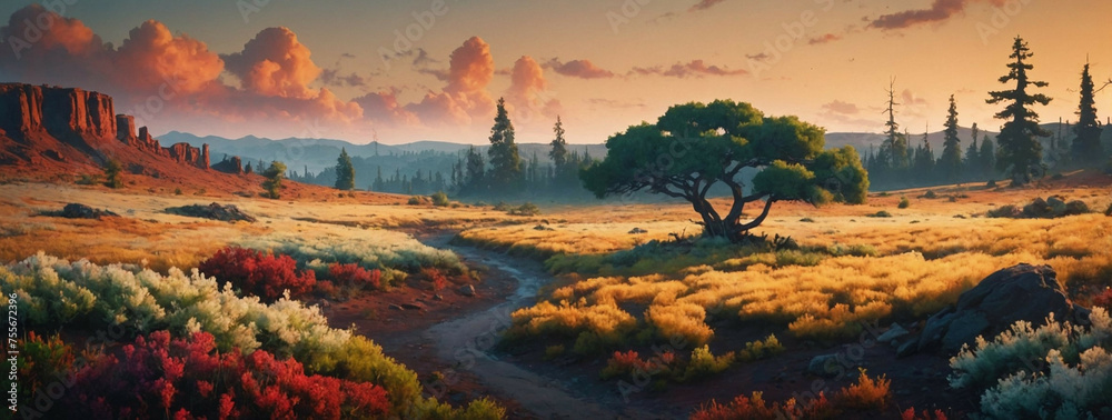 Poster Serene Sunset Over a Picturesque Countryside Path Surrounded by Vibrant Foliage